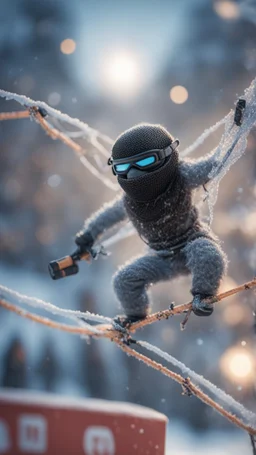 ninja yeti god pimp with ski mask caught frozen in net, bokeh like f/0.8, tilt-shift lens 8k, high detail, smooth render, down-light, unreal engine, prize winning