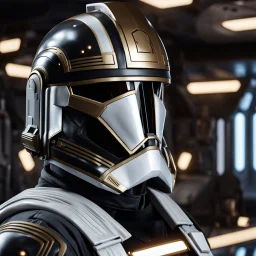 star wars bald male corellian pilot wearing pearlescent black and gunmetal grey First Order special forces armored flightsuit and helmet with gold trim inside the jedi temple, centered head and shoulders portrait, hyperdetailed, dynamic lighting, hyperdetailed background, 8k resolution, volumetric lighting, light skin, fully symmetric details