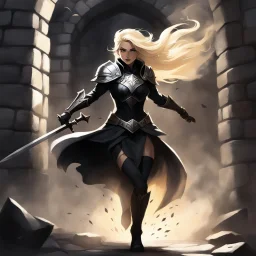 she launches herself forward, a blur of blonde hair and scarred skin. The shadow-thing recoils, its form wavering like smoke caught in a draft, but you are already on it. Her shield slams into its midsection, flattening the mass of darkness against the stone wall. It squeals—a sound like tearing parchment—and she twists, pinning it there with all her weight. The black ooze of its substance smears across the rock beneath her, slick and cold against her boots.