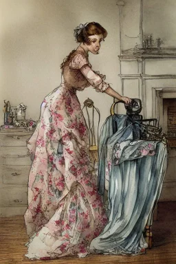 beautiful woman is ironing in beautiful floral dress in a luxurious room by Jean-Baptiste Monge, watercolor and ink