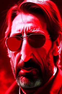 an disgusted and menacing Hans Gruber wearing red-tinted glasses