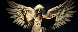 scary angel creature like in the bible holding up a bible