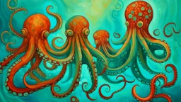 A surreal painting depicting several abstract octopus-like creatures with elongated tentacles in warm, earthy tones against a bright turquoise background