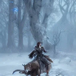 A queen warrior winter woman with winter animals, winter deers, winter bears, winter birds in the cold fantasy world , 8k resolution, ice winter fantasy concept art, by Greg Rutkowski, dynamic lighting, hyperdetailed, intricately detailed, deep, flying winter birds