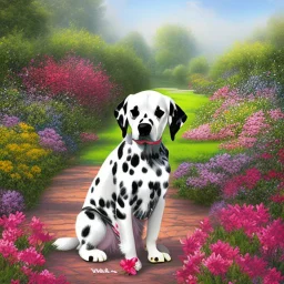 Hermoso perro Dalmata en el jardín arte caricatura