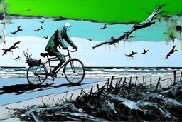 a long-legged lean black-grey monk with ((beak-shaped heads)) (wearing white khiton) riding a bike in front of a spider wreck on a radioactive beach, side view, acrylic painting, minimal art, centered, wild sparse brushstrokes, amazing verticals, great parallels, low bleak colors of gray, green, blue and black, excellent negative space contrasts