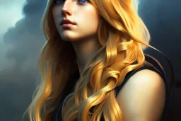 girl, beautiful, long hair, wavy hair, blonde hair, blue eyes, black outfit,head and shoulders portrait, 8k resolution concept art portrait by Greg Rutkowski, Artgerm, WLOP, Alphonse Mucha dynamic lighting hyperdetailed intricately detailed