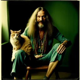 Awkward portrait Photo, 40 years old hippie sitting on chair, weird smiling, long 1970 hippie hair and mustasch, bland polaroid camera, holding a cat