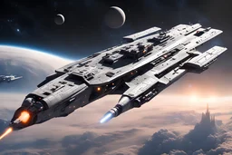 in space full huge intergalactic military cruiser shaped like an American aircraft фото реалистичность 4к