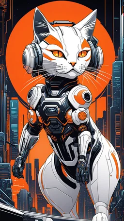 Ilustración cómic lineal de cat cyberpunk color blanco anaranjado y negro full body