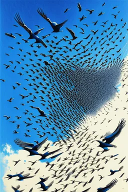 realistic drawing of a swarm of detailed birds in the blue sky.