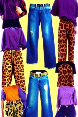 year 1996 denim fashion. Loose fit, low waist, baggy. Combat pants and t-shirt. Colors: denim blue, blue, purple, khaki, light green, lilac, plum, orange, terracotta, red, pink, dark blue, beige. Patterns: cheetah, balls, stripes. Women models. Sharon Stone, Sandra Bullock, Winona Ryder, Milla Jovovich, Big tennis shoes on. Latex in small part, areas, clothes..Combat pants. Leg warmers.