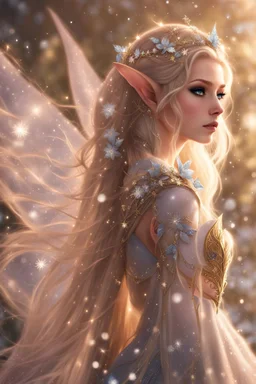 Elven princess,elven crown,long white blonde golden hair,rapunzel hair,ice flowers,beautiful,light blue,dark blue,golden armor,sparkle,glitter,ice flowers,snow,elven ears,dark fairy princess