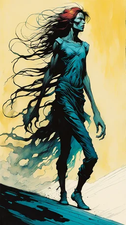 create an imaginative full body print illustration of an ethereal, otherworldly gaunt and withered ancient female Striga monster, in the comic book art style of Bill Sienkiewicz, Mike Mignola, and Jean Giraud Moebius, with highly and finely inked