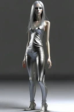 full body shot, beautiful woman, anorexic, silver bikini, photorealistic, hair to chin