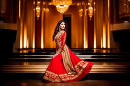 Artistic photography of a beautiful Azerbaijani woman with dark hair and expressive eyes. She is wearing an elegant, ornate red and gold traditional dress (Quba dress) and passionately playing the "Qopuz" (or "Tar"). The scene is set in a modern, luxurious concert hall with minimalist interior, warm wood panels, and dramatic golden lighting. The light glistens on the instrument and the fabric of her dress. Style: hyperrealistic, ultra detailed, 8k.
