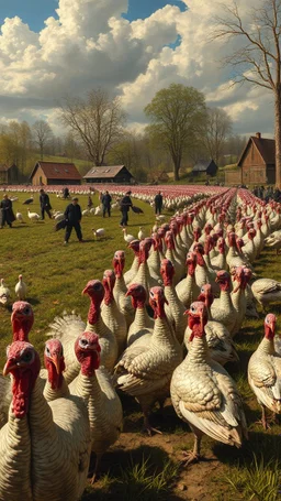 Hieronymus Bosch style , field full of turkeys in line stoping