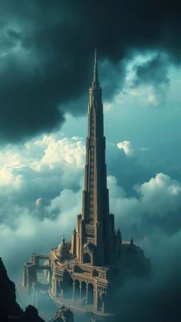 Top view in to the city of Atlantis with a tall tower , very high , stormy, clouds