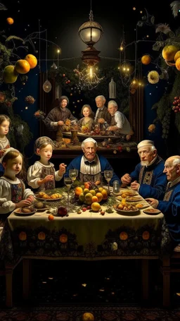 full shot of the astronauts family at a delirious celebration dinner in the Garden of Earthly Delights, small electric light bulbs on the table, birds on the table, grapes hanging, elegant and perfect composition, photo studio portrait, in the style of rembrandt