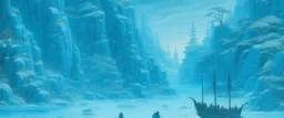 A cyan icy isles in a snowstorm designed in Japanese Oni masks painted by Caspar David Friedrich