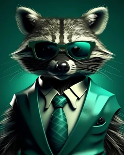 Wearing a suit, domineering, raccoon, wearing sunglasses, full of charm, texture, perfect details, jade texture