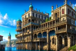 medieval buildings with balconies overhanging lake edge with blue sky and people, photorealism, fantastical, intricate detail, splash screen, concept art