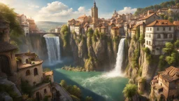 a wide waterfall falling into the middle of a medieval european city. The city is at the bottom at the end of a steep, narrow, 3.000 feet tall ravine. a masterpiece, fantasy concept art, dynamic lighting, hyperdetailed, intricately detailed, deep color, Unreal Engine, volumetric lighting, Epic cinematic brilliant stunning intricate meticulously detailed dramatic atmospheric maximalist digital matte painting