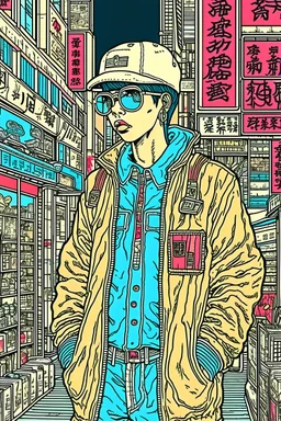 Old school rapper in the style of 90's vintage anime, surrealism, akira style. detailed line art. fine details. inside a 7/11 in tokyo