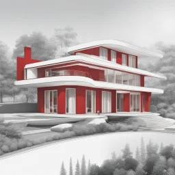 Draw an lineal illustration of a red and white country house, oval and round shapes, modern, minimalist style, ultra quality, detailed, Zaha Hadid style, Zaha Hadid style