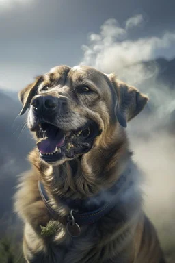 film grain for realism, portrait of top dog hero laughing smoke rings at mountain top , lightening storm brewing,shot on Hasselblad h6d-400c, zeiss prime lens, bokeh like f/0.8, tilt-shift lens 8k, high detail, smooth render, down-light, unreal engine, prize winning