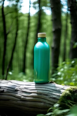 Mint water bottle on a tree trunk in nature, white background