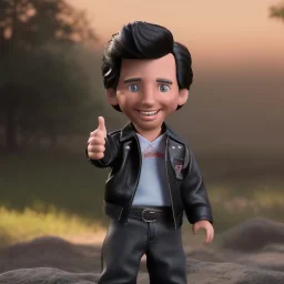 wide view young Fonz with black hair greaser figure doll 1000 (thumbs-up) (face) Forehead grin, fonzarelli, ((arnold's drive-in)) fonzie