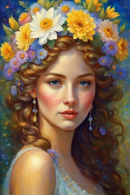 a painting of a woman with flowers in her hair, beautiful fantasy art portrait, beautiful fantasy portrait, realistic cute girl painting, beautiful fantasy painting, by Victor Nizovtsev, beautiful portrait oil painting, portrait of fairy princess, in stunning digital paint, portrait painting of a princess, gorgeous painting, floral crown girl, detailed beauty portrait, girl in flowers