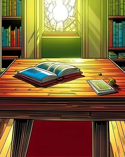 gambarkan dari jauh buku bersinar di atas meja dengan gaya komik marvel dan background polos