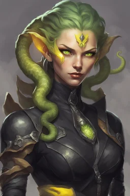 a female humanoid with the face of a snake, dungeons and dragons, wearing a black leather armor, green scales, yellow eyes