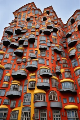 A crazy surreal building with flying fishes by artist "Sandy Skoglund",by artist "Hundertwasser",by artist "Victor Enrich"