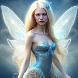 tres belle fairy souriante avec de magnifiques ailes et des cheveux longs blonds,yeux bleus