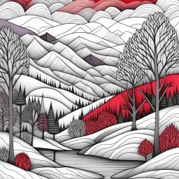 Outline art for coloring page with a cute mountain landscape white background, sketch style, only use outline, clean line art, white background, no shadows, clear outline