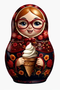 draw a Russian matryoshka doll in the style of Khokhloma, the matryoshka is smiling, the matryoshka has a icecream in her hands, a frontal angle, a picture on a white background, the matryoshka is drawn entirely, a highly detailed 3d picture