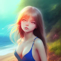 Little girl day, sunny, relaxing, sea, trees, real details anime style, realistic, glowing beach