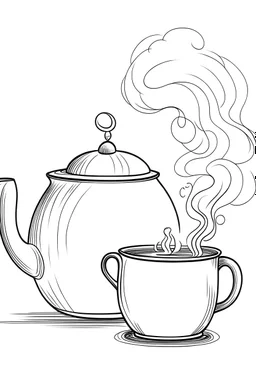 a outline of kettle and a mug with steam , white background, sketch style, full body, only use outline, , clean line art, white background. No shadow clear and well defined .