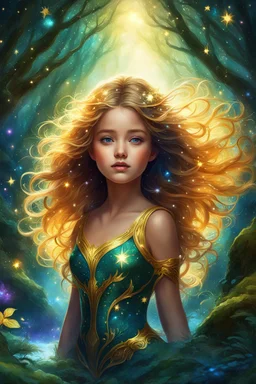 Adorable digital painting style. Beneath the forest's dreamy canopy, A girl of wonder, dressed in starry glee, Her flowing hair, a golden radiant stream, Her eyes, aglow, with a celestial gleam, highly detailed, pretty face, fantasy art, digital art, colored ink, 4k, vibrant colors, dream, correct face structure, correct anatomy