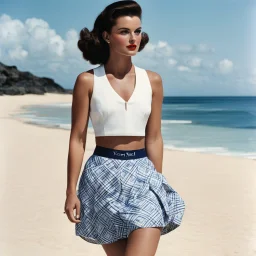 she is wearing a swimsuit crop top and high-waisted balloon bottom with a kilt pattern on a paradise beach shorts for Vogue UK, 1950 special summer beach issue