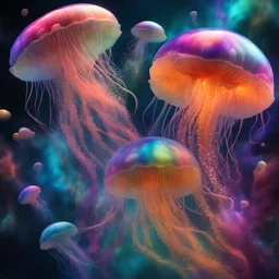 rainbow jellyfishes in space, nebula in bakcground, Liquid Structure, Splash, professional, Photography, Intricate Patterns, Ultra Detailed, Luminous, Radiance, beautiful, Ultra Realism, Complex Details, Intricate Details, 16k, HDR, High Quality, Trending On Artstation, Sharp Focus, Studio Photo, Intricate Details, high contrast, bright vibrant colors