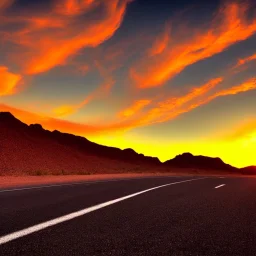 muscle car, desert road, sunset, full colour,