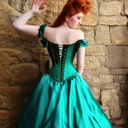 Picture of a princess with long auburn hair in a big teal green and gold satin ballgown corset off shoulder top dancing in a castle