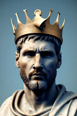 Ultra Realistic image, Roman sculpture, white marble material, Lionel Messi, gold crown of natural thorns, god crown, sun rays background, waist up portrait, epic, celestial, cinematic lighting, God lights, 4k resolution, smooth details, soft lighting, unreal engine 5, art station, substance 3d.