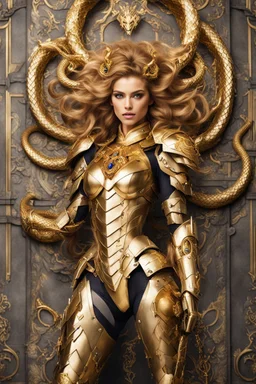 Excited pose style Facing front Gorgeous Photography Beautiful Queen Medusa hair snake Cyborg dressing Armor Mecha Golden and jewelry,luxury wall background