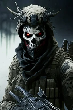 A soldier in the game modern warfare, he wears a skull mask with horns that covers his eyes. The lower half of his face is covered by a mask with a bloody fanged grin. He is a sniper, but can also run point. His call sign is Wraith. Couple