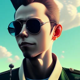 a man with sunglasses standing in front of a cloudy sky, a character portrait, by Miyazaki, flcl, old charismatic mechanic, subtle confident smile, in pilote, solarpunk human, defying gravity, pompadour, absolute chad, john carmack, daddy energy, gulf, beautiful singularities